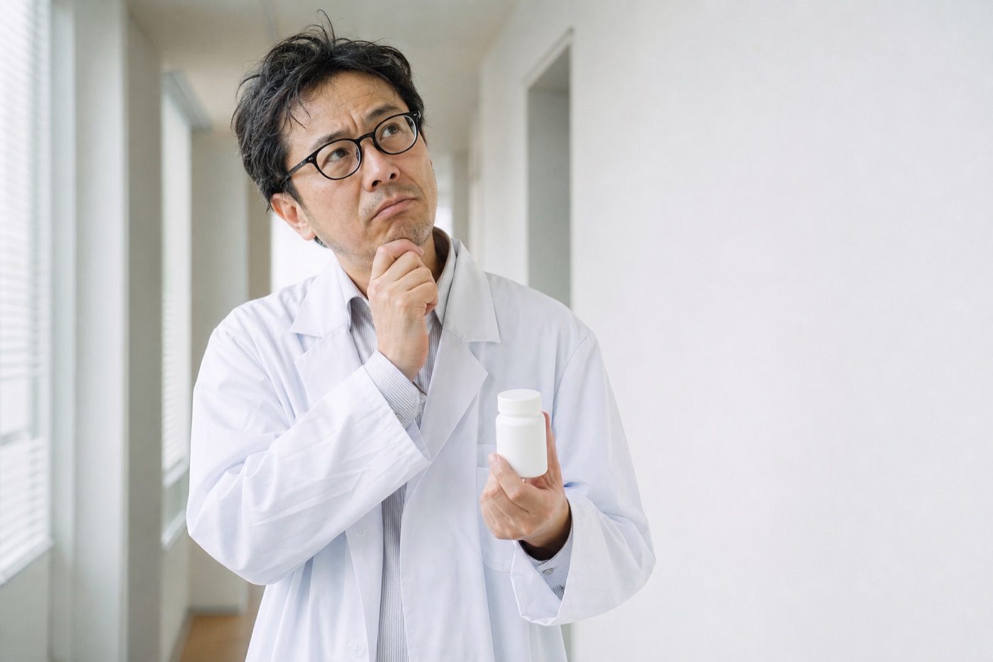 白衣を着て、商品について考え込む薬田迷人